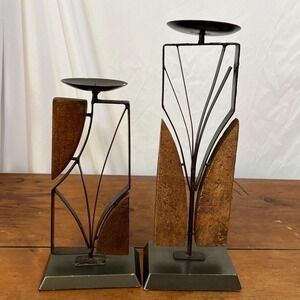 Abstract Textured Bronze and Wood Candle Holders Geometric Sculptures Plip(3876)